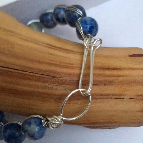 Handcrafted Blue Sodalite Gemstone Bead Silver Tone Wire Wrapped Bracelet - Picture 2 of 5